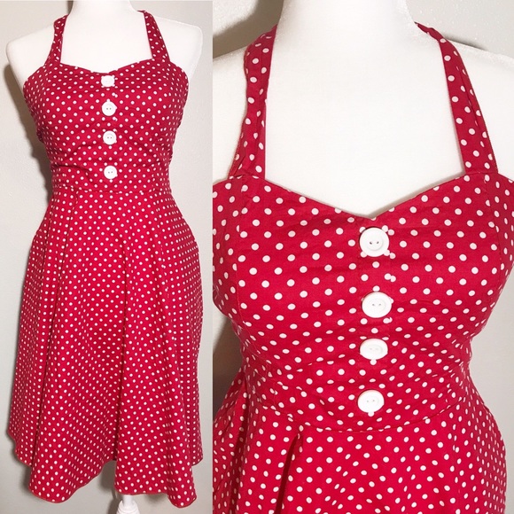 Vintage Dresses & Skirts - Vintage 50's Red White Polka Dot Halter Dress
